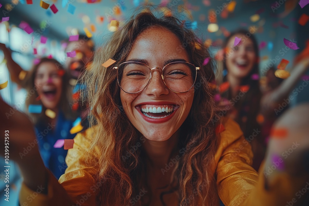 Businesspeople celebrating and toasting with confetti falling in the office