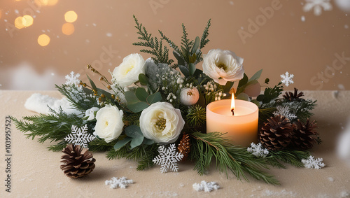 A delicate Christmas composition of pine cones, a burning candle and decorations with flowers and green branches