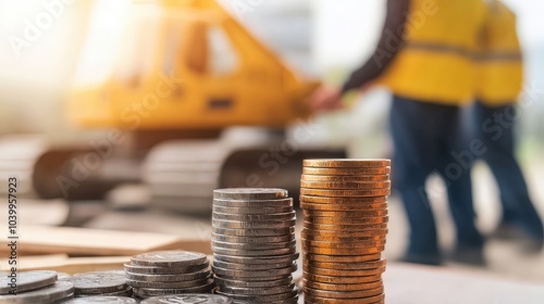 Stacked coins in the foreground with construction workers in the background, suggesting a connection between finance and construction.