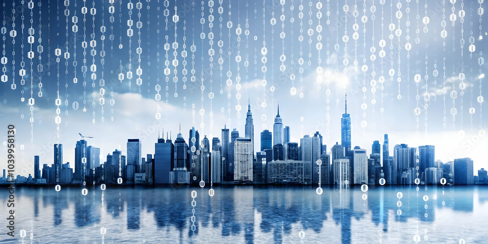 Glossy Cityscape Silhouette with Binary Code Rain Over Plain Background Symbolizing Digital Smart City Essence - Generous Copy Space for Text - Stock Photo Concept for Urban Digitalization Themes Glossy Cityscape Silhouette with Binary Code Rain Over Plain Background Symbolizing Digital Smart City Essence - Generous Copy Space for Text - Stock Photo Concept for Urban Digitalization Themes