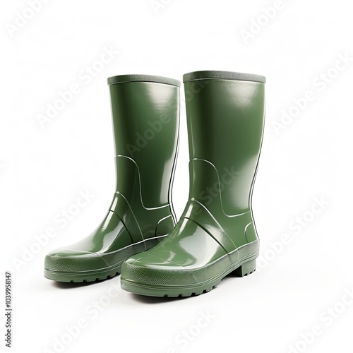 Glossy green rubber boots with white outline on white background. Studio product photography.