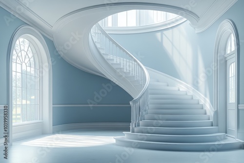 An outside modern futuristic building has white smooth ramps or inclines with railings photo