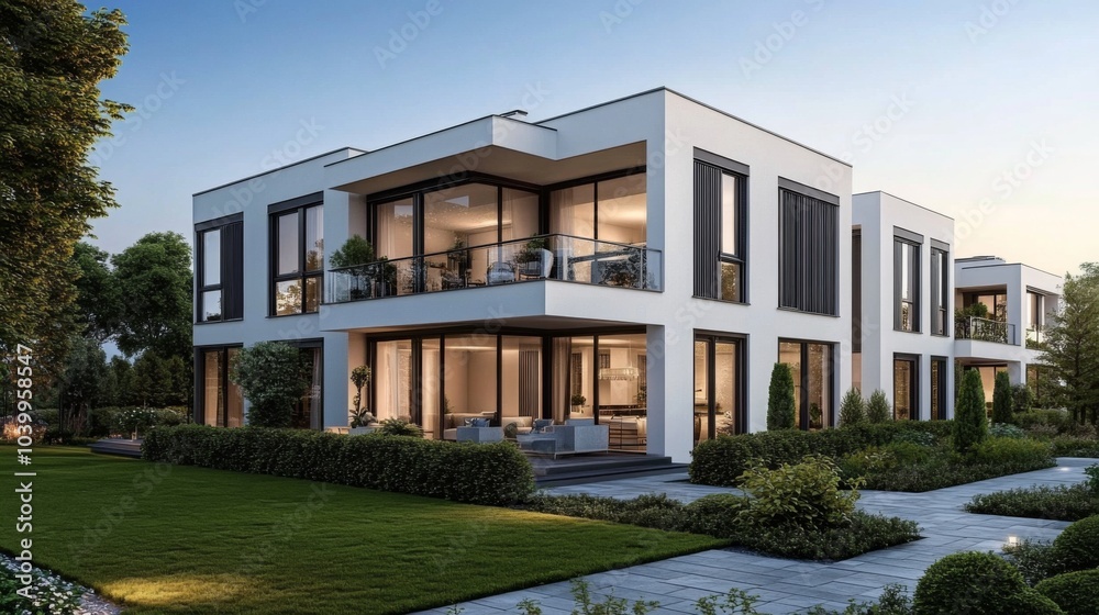Modern two-story luxury apartment building with flat roof, large windows, and surrounded by greenery in serene environment. Modern two-story luxury apartment building with flat roof, large windows, and surrounded by greenery in serene environment.