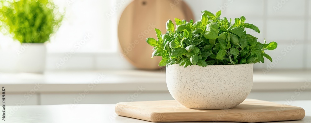Fototapeta premium Fresh green herbs in a modern kitchen setting, displayed in a textured white pot on a wooden cutting board.