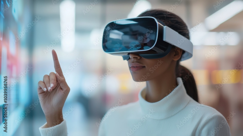 A woman wearing VR goggles interacts with a holographic display, showcasing cutting-edge technology in a modern environment. A woman wearing VR goggles interacts with a holographic display, showcasing cutting-edge technology in a modern environment.
