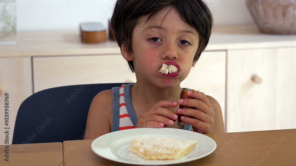 Young boy eating bread at the dining table, chewing and enjoying his food in a casual home setting, with focus on his thoughtful expression during mealtime Young boy eating bread at the dining table, chewing and enjoying his food in a casual home setting, with focus on his thoughtful expression during mealtime