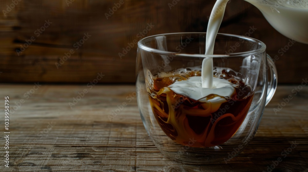 Fototapeta premium Glass of milk is poured into a cup of coffee