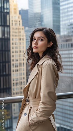 Young businesswoman is standing on a balcony overlooking the city