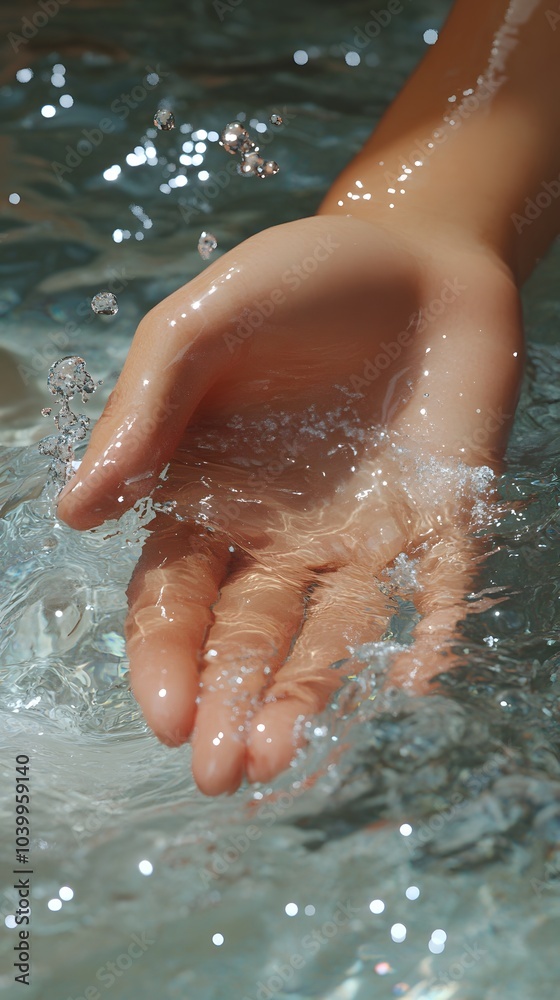 A hand reaching out, splashing water, capturing a moment of interaction with nature.