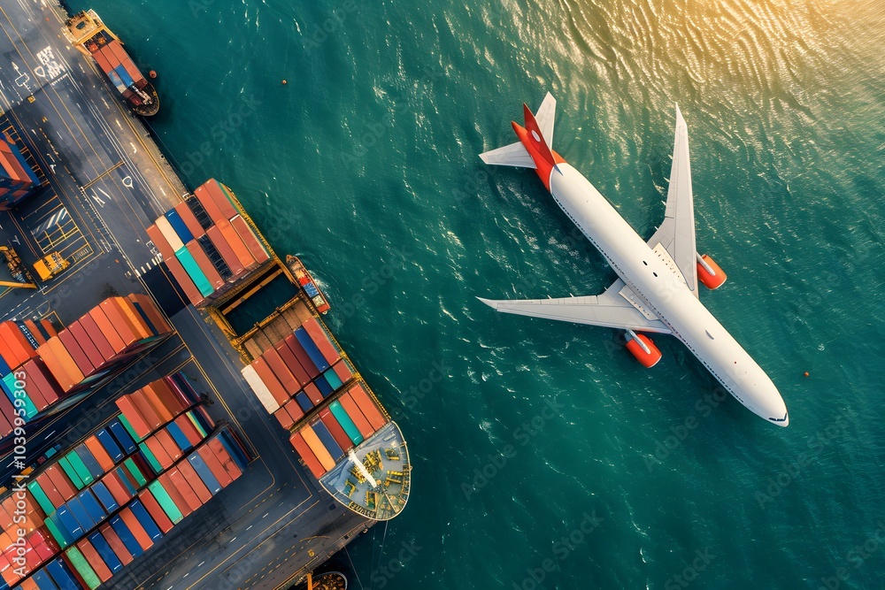 Fototapeta premium Aerial View of Cargo Ship and Airplane Over Turquoise Waters
