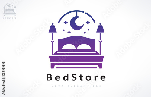 Bed store logo. Bed with pillows, stars and the moon logo vector design. The night sky