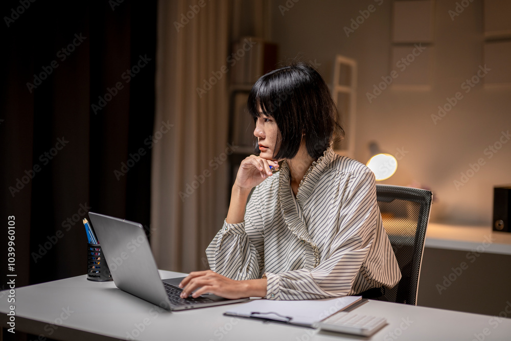 Focused asian businesswoman working late using laptop in home office Focused asian businesswoman working late using laptop in home office
