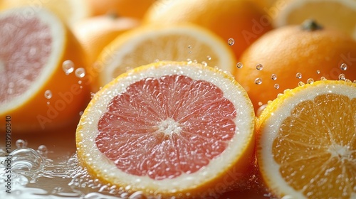 Fresh citrus delight juicy oranges and grapefruits with splashing water effects