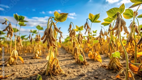 Close-up view of soybean plants affected by drought