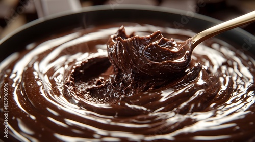 A rich, glossy chocolate mixture in a bowl, ready for baking or dessert preparation.