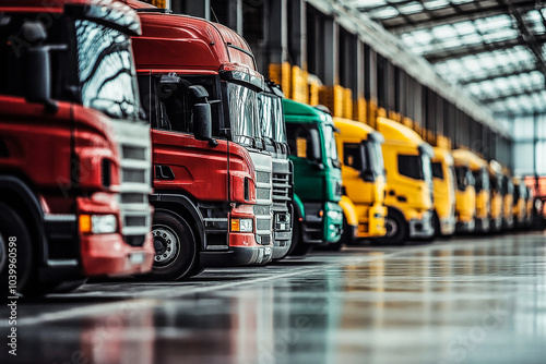 Photo Close up fleet of trucks parked in front of warehouse to delivering factory goods background