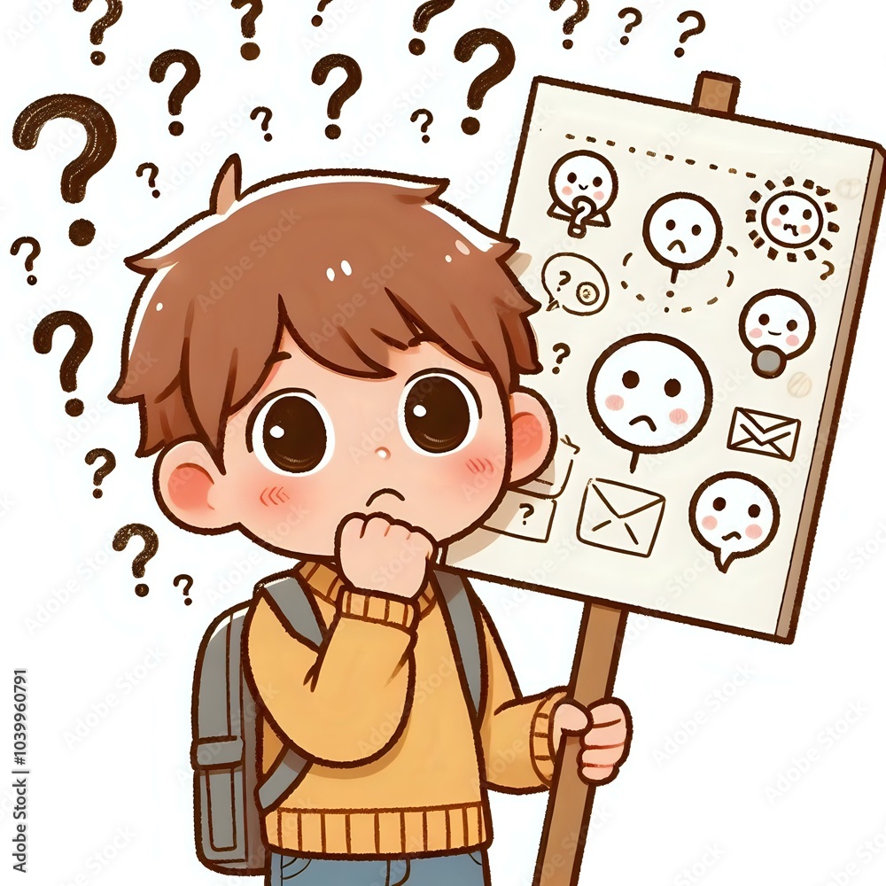 Child Holding a Poster with Various Emoticons and Question Marks Child Holding a Poster with Various Emoticons and Question Marks