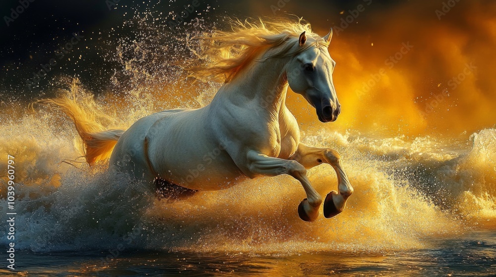 Dynamic Digital Art of White Horse Galloping Through Water with Dramatic Sky Background Dynamic Digital Art of White Horse Galloping Through Water with Dramatic Sky Background