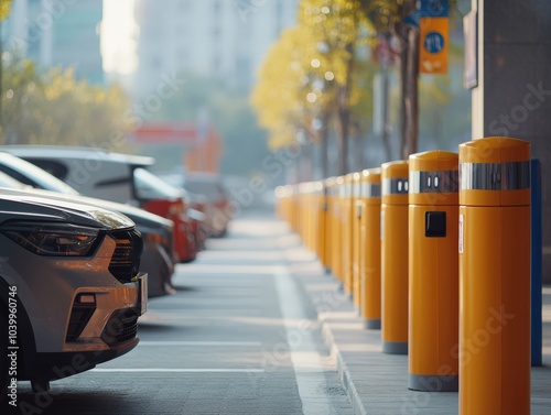 Row of Yellow Parking Bollards with Cars Parked in Background, City Street with Buildings in the Background