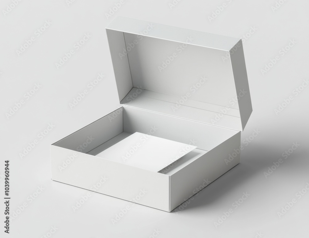 White 3D Rendering of Rectangular Cardboard Box with Open Lid and Blank Card Inside, Plain White Background. White 3D Rendering of Rectangular Cardboard Box with Open Lid and Blank Card Inside, Plain White Background.