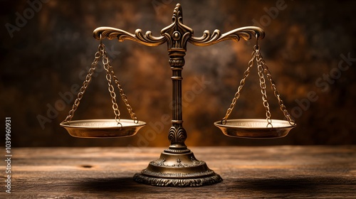Close-up of an antique brass balance scale with a wooden base and golden weighing pans, featuring intricate chain details and a vintage legal instrument aesthetic symbolizing justice.
