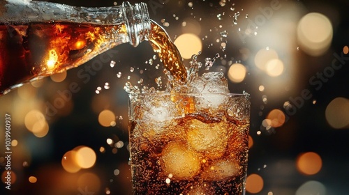 Exciting image of cola being poured into a glass, set against a blurred night sky with bokeh lights.