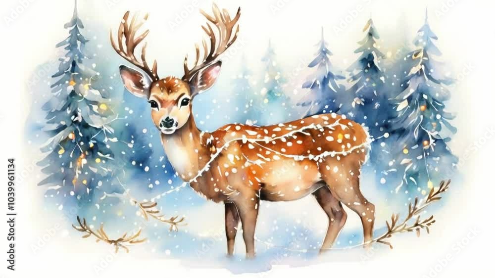  Portrait of a Cute Deer with Christmas Decorations on Its Antlers. Whimsical and Festive Holiday Scene in a Natural Setting