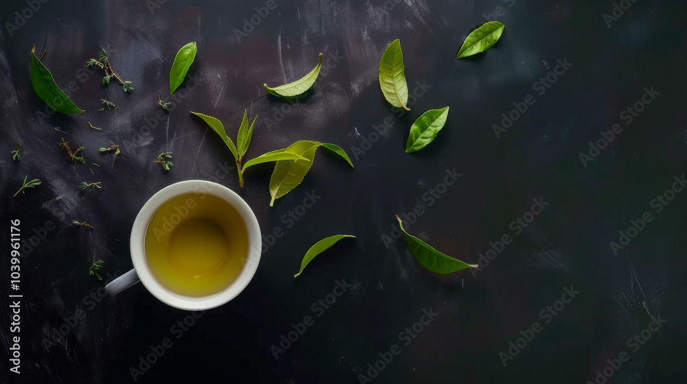 White cup with green tea leaves in it White cup with green tea leaves in it