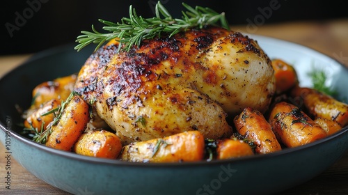 Savory roast chicken with honey-glazed carrots and fresh herbs