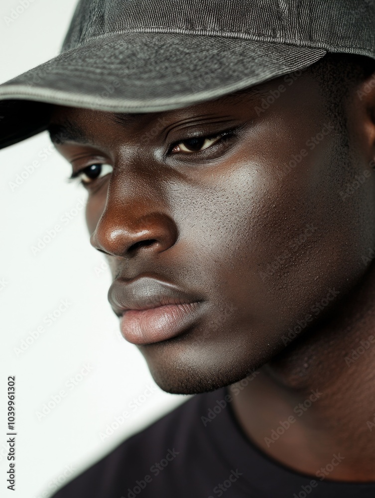 A close-up of a african american man wearing a mid-grey baseball cap A close-up of a african american man wearing a mid-grey baseball cap