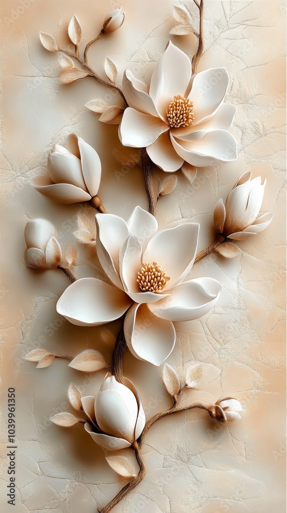 White magnolia flowers in symmetrical pattern on beige background, creating a delicate and elegant floral design with velvety texture. White magnolia flowers in symmetrical pattern on beige background, creating a delicate and elegant floral design with velvety texture.