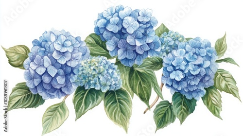 A watercolor illustration of blue hydrangea flowers with leaves.