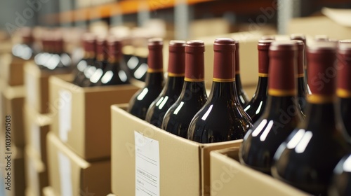 Wine Bottles Organized in Cardboard Boxes for Shipping in a Warehouse