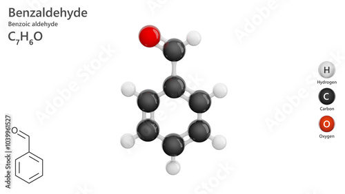 Molecule: Benzaldehyde. Molecular structure. Formula: C7H6O. Chemical model: Ball and stick. White background. 3D illustration. photo