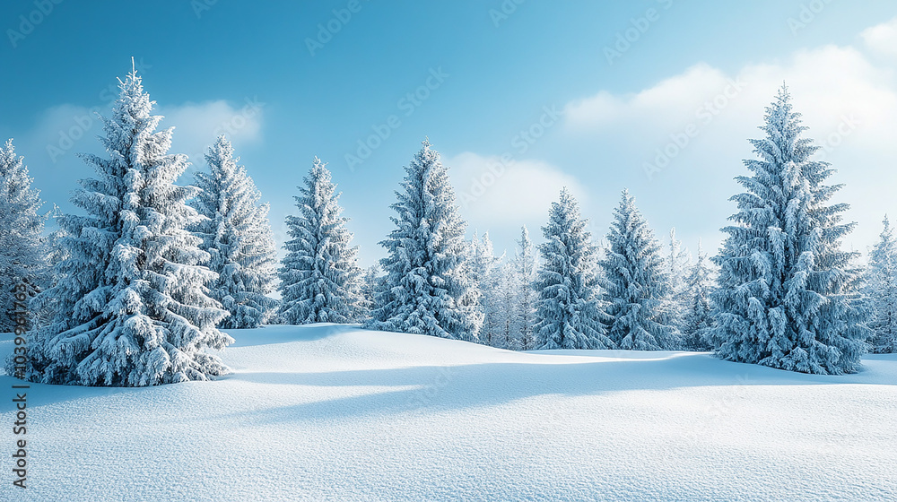 Fototapeta premium Snowy landscape on a sunny and frosty day in the highlands. Photo wallpapers for Happy New Year concept. Discover the beauty of world.