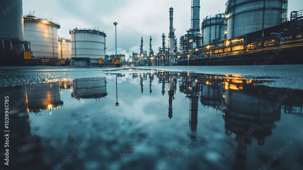 Fototapeta premium Industrial Landscape with Reflections in Puddle