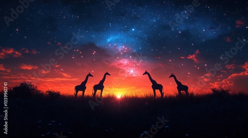 Giraffes Silhouettes Under a Starry Sky