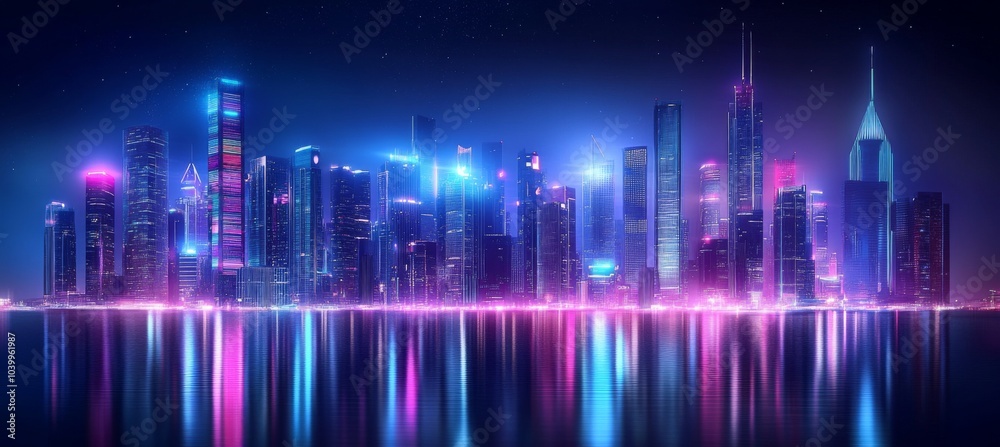 City skyline at night with colorful lights, tall modern buildings, and peaceful atmosphere reflecting in calm water. City skyline at night with colorful lights, tall modern buildings, and peaceful atmosphere reflecting in calm water.