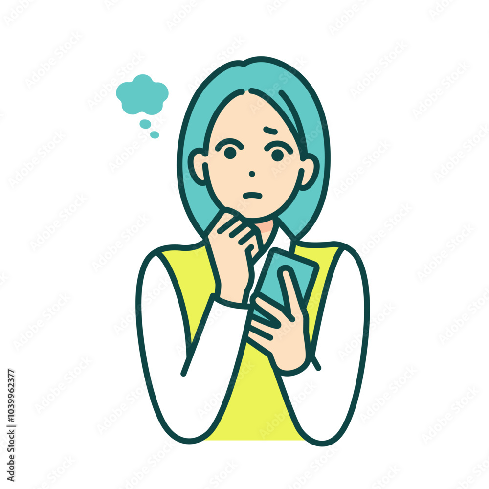 SNSを使う高校生。トラブルを抱え不安やモヤモヤを感じている女の子のイラスト。