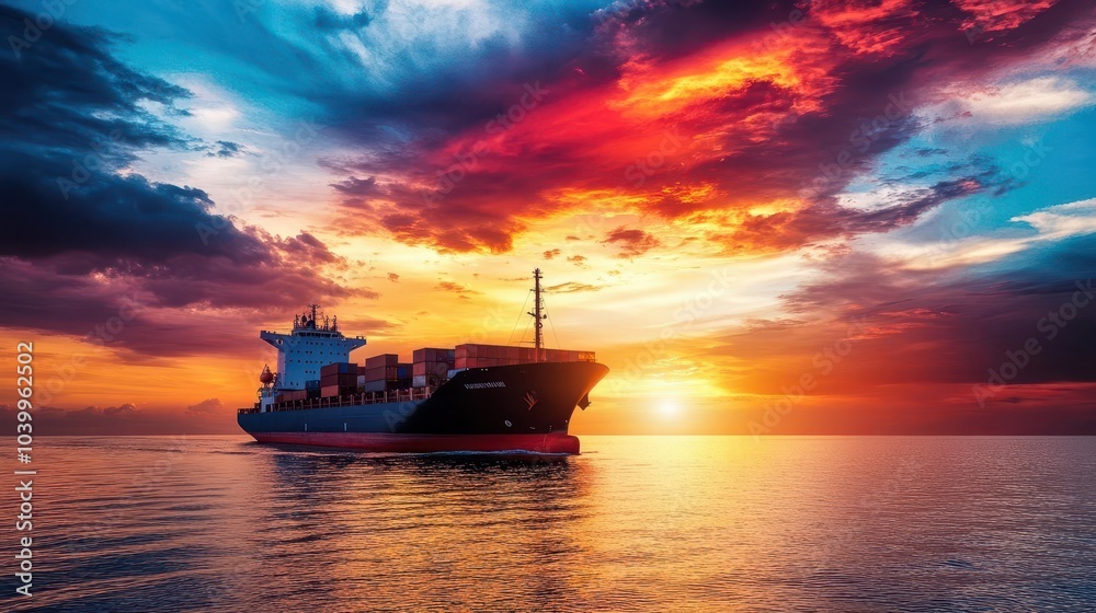 cargo ship sailing gracefully at sunset, silhouetted against a dramatic sky, capturing a moment of tranquility and adventure on the open water with beautifully blended colors cargo ship sailing gracefully at sunset, silhouetted against a dramatic sky, capturing a moment of tranquility and adventure on the open water with beautifully blended colors