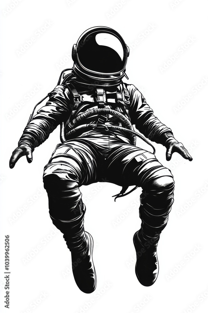Black and white surreal illustration of astronaut in mid-air with full-body suit and helmet floating in space. Black and white surreal illustration of astronaut in mid-air with full-body suit and helmet floating in space.