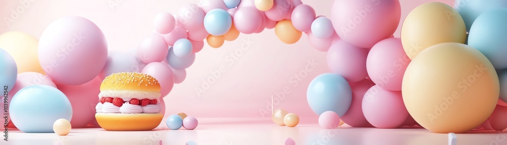 Pastelcolored balloon arch, 3D food monster, company event, natural background, flat design illustration Pastelcolored balloon arch, 3D food monster, company event, natural background, flat design illustration