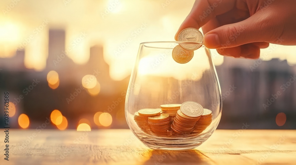 Hand placing coins into a glass jar against a sunset background. Hand placing coins into a glass jar against a sunset background.