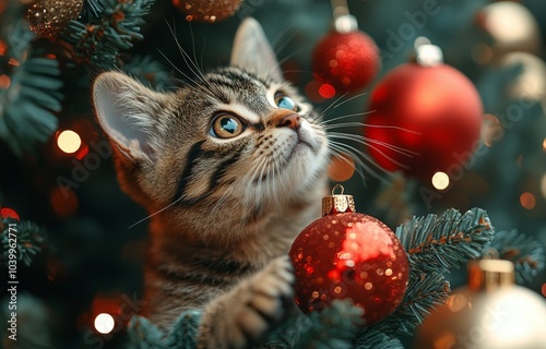 Cat in Santa hat looks out from red glass balls on a beautifully decorated Christmas tree. photo