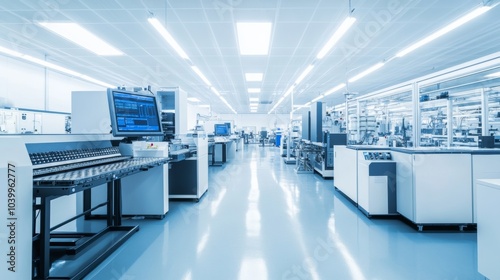 A modern semiconductor fabrication lab with intricate machinery and cleanroom environment, high-tech and precise with advanced equipment, Semiconductor style photo