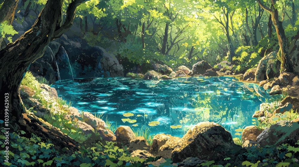 Obraz premium A tranquil forest pond surrounded by lush greenery and a small waterfall.