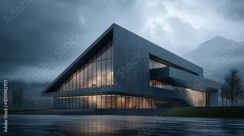 Modern architectural masterpiece reflecting in water amidst dramatic cloudy skies.