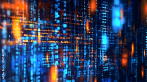 Wallpaper Mural Futuristic cityscape at night illuminated with orange and blue lights, surrounded by binary code resembling electronic circuit board. Torontodigital.ca