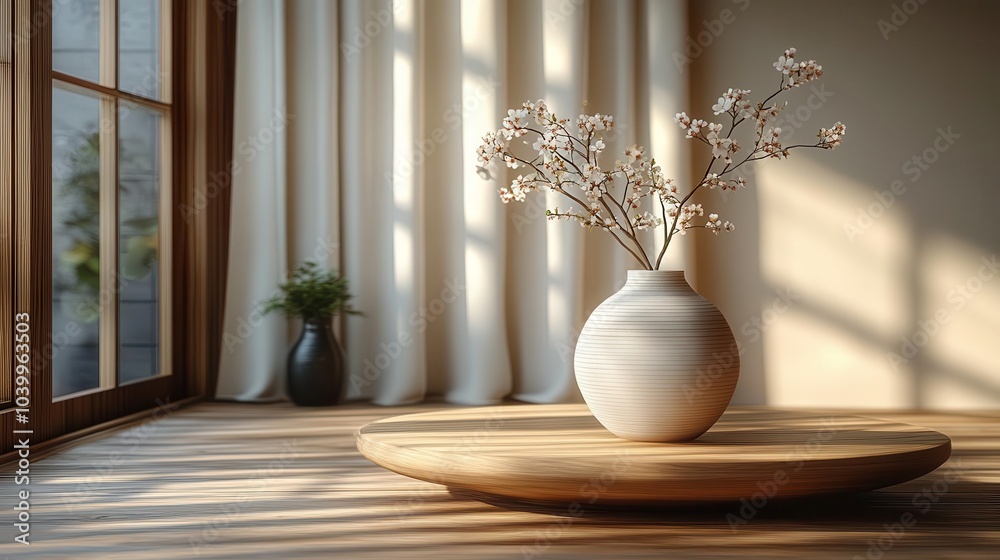 minimalist living room with a vase holding a blossoming twig on a wooden coffee table soft sunlight illuminating the space modern yet cozy design emphasizing simplicity and comfort minimalist living room with a vase holding a blossoming twig on a wooden coffee table soft sunlight illuminating the space modern yet cozy design emphasizing simplicity and comfort