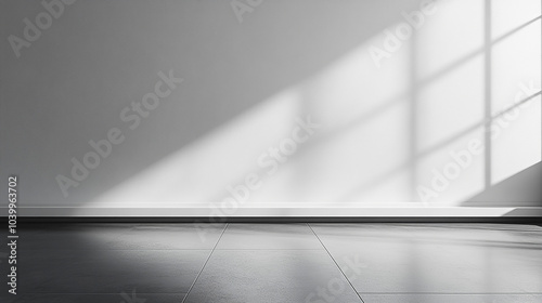 White background, Studio Kitchen Wall Surface with Light Shadow on Podium,Empty Room Cement Texture with Sunlight on Shelf,Blank Backdrop Display Grey Concrete for Cosmetic Product in Spring, Summer.